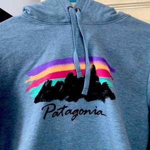 New size S Patagonia hoodie - blue with mountain design